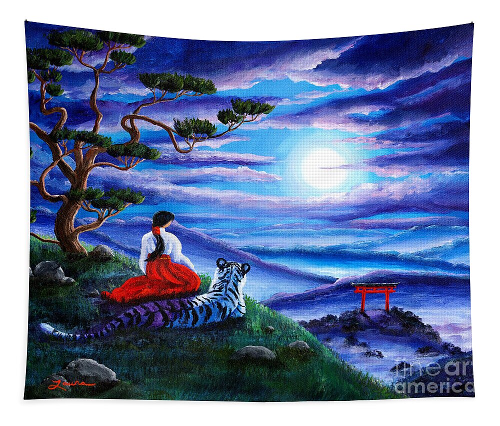 Japanese Tapestry featuring the painting White Tiger Meditation by Laura Iverson