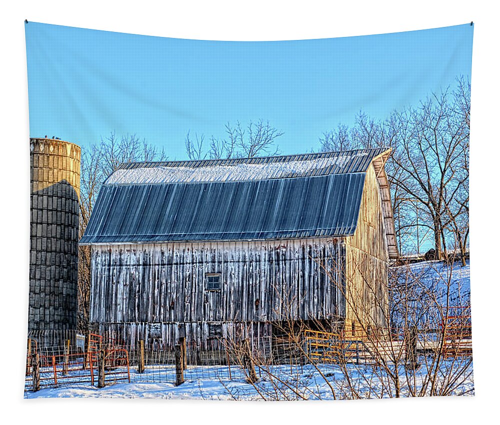 Barn Tapestry featuring the photograph White Winter Barn by Bonfire Photography