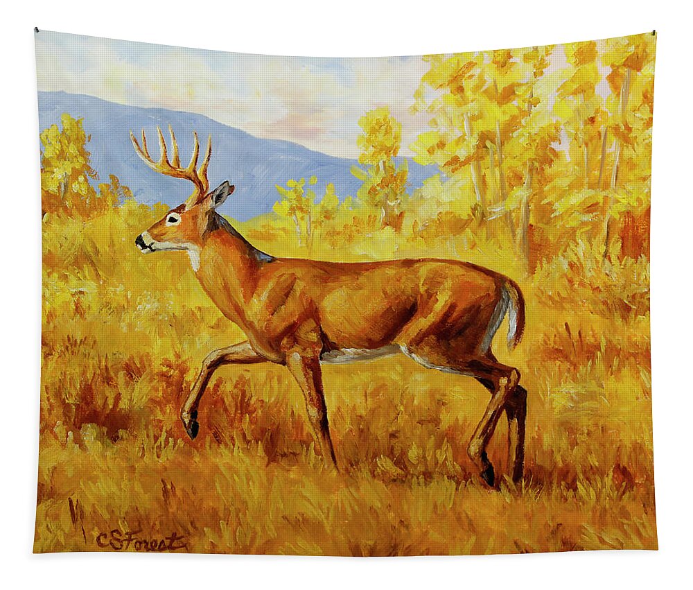 Deer Tapestry featuring the painting Whitetail Deer in Aspen Woods by Crista Forest