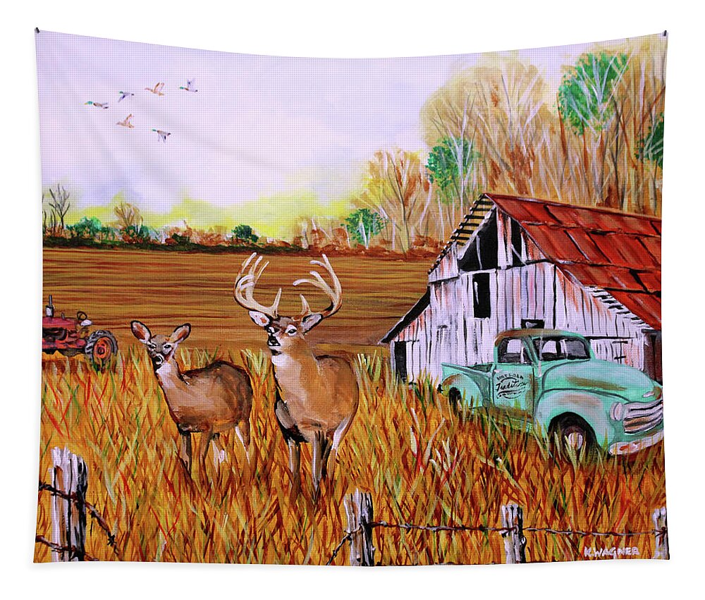 Whitetail Deer Tapestry featuring the painting Whitetail deer with Truck and Barn by Karl Wagner