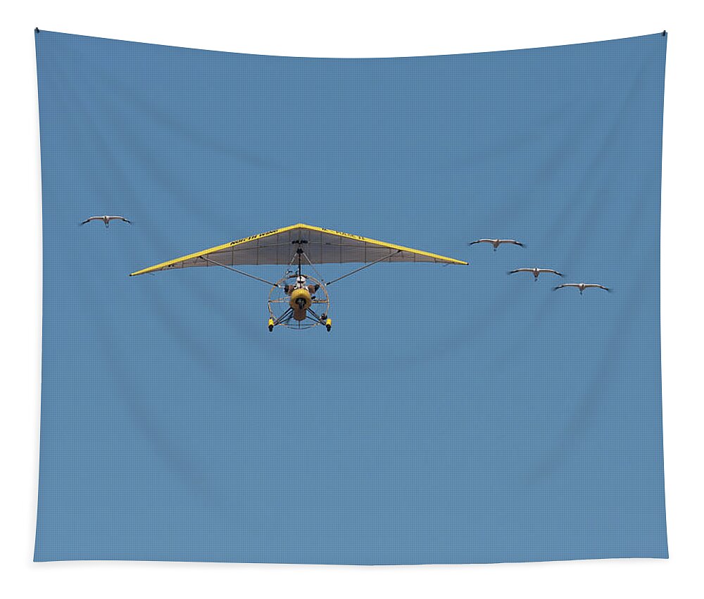 Operation Migration Tapestry featuring the photograph Whooping Cranes and Operation Migration Ultralight by Paul Rebmann