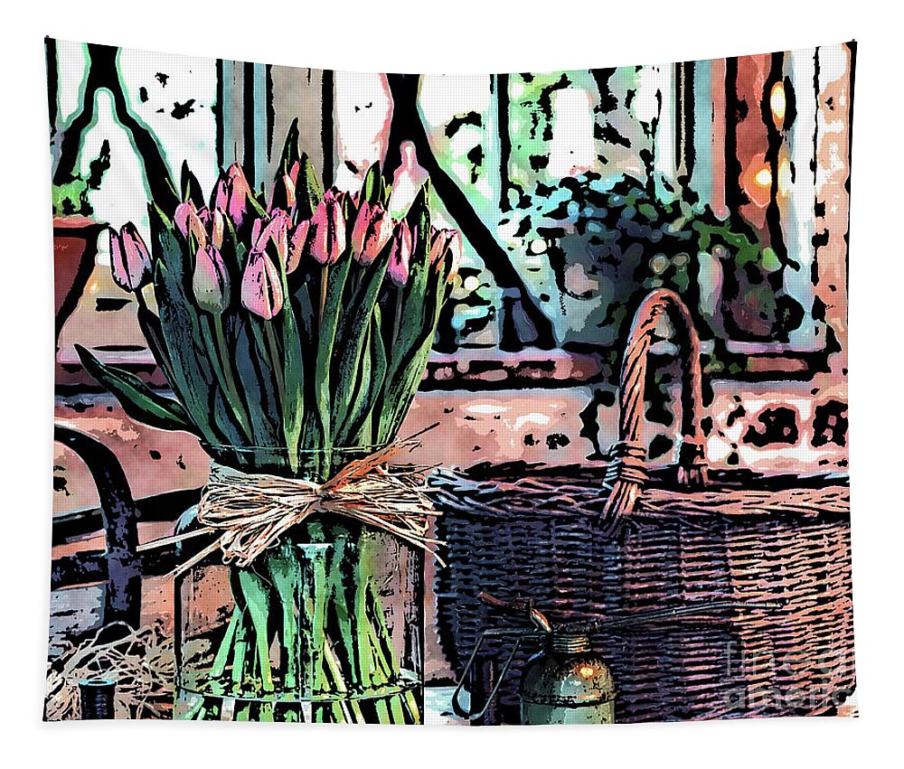 Wicker Basket Tapestry featuring the digital art Wicker Basket And Flowers by Phil Perkins