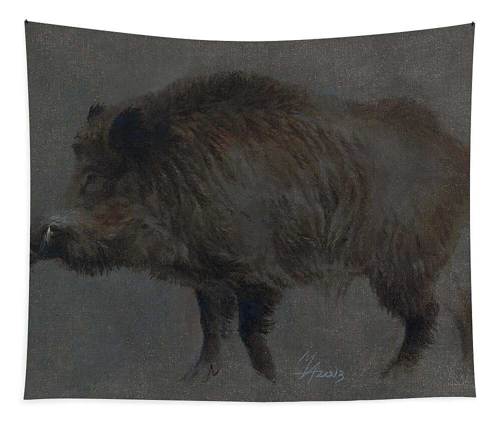 Boar Tapestry featuring the painting Wild Boar in Winter Coat by Attila Meszlenyi