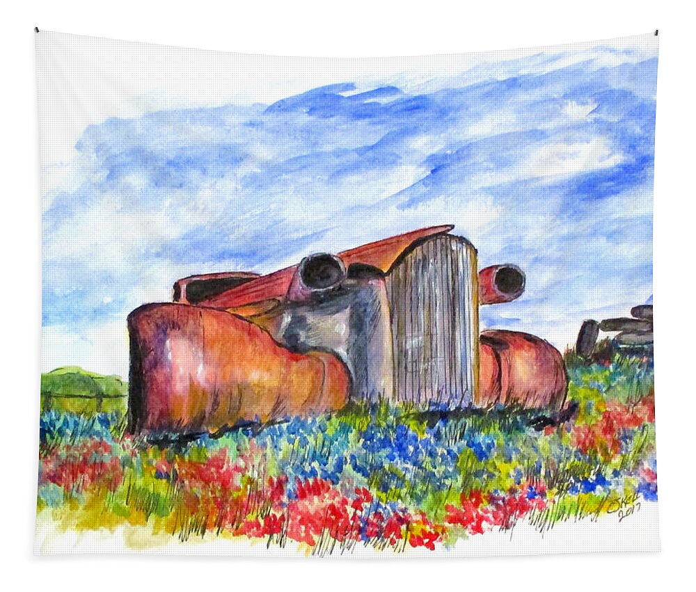 Painting Tapestry featuring the painting Wild Flower Junk Car by Clyde J Kell