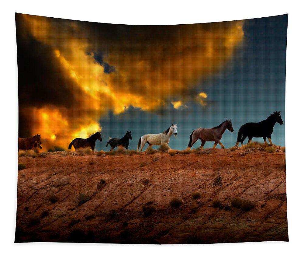 Wild Horses Tapestry featuring the photograph Wild Horses at Sunset by Harry Spitz