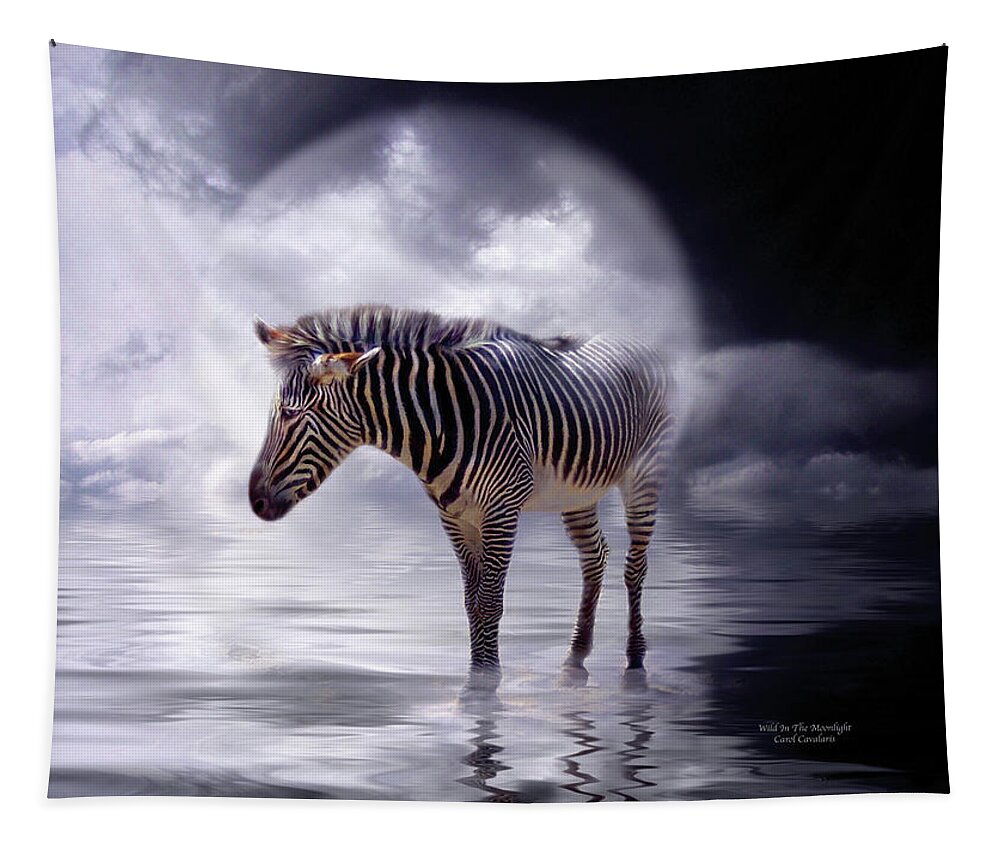 Zebra Tapestry featuring the mixed media Wild In The Moonlight by Carol Cavalaris