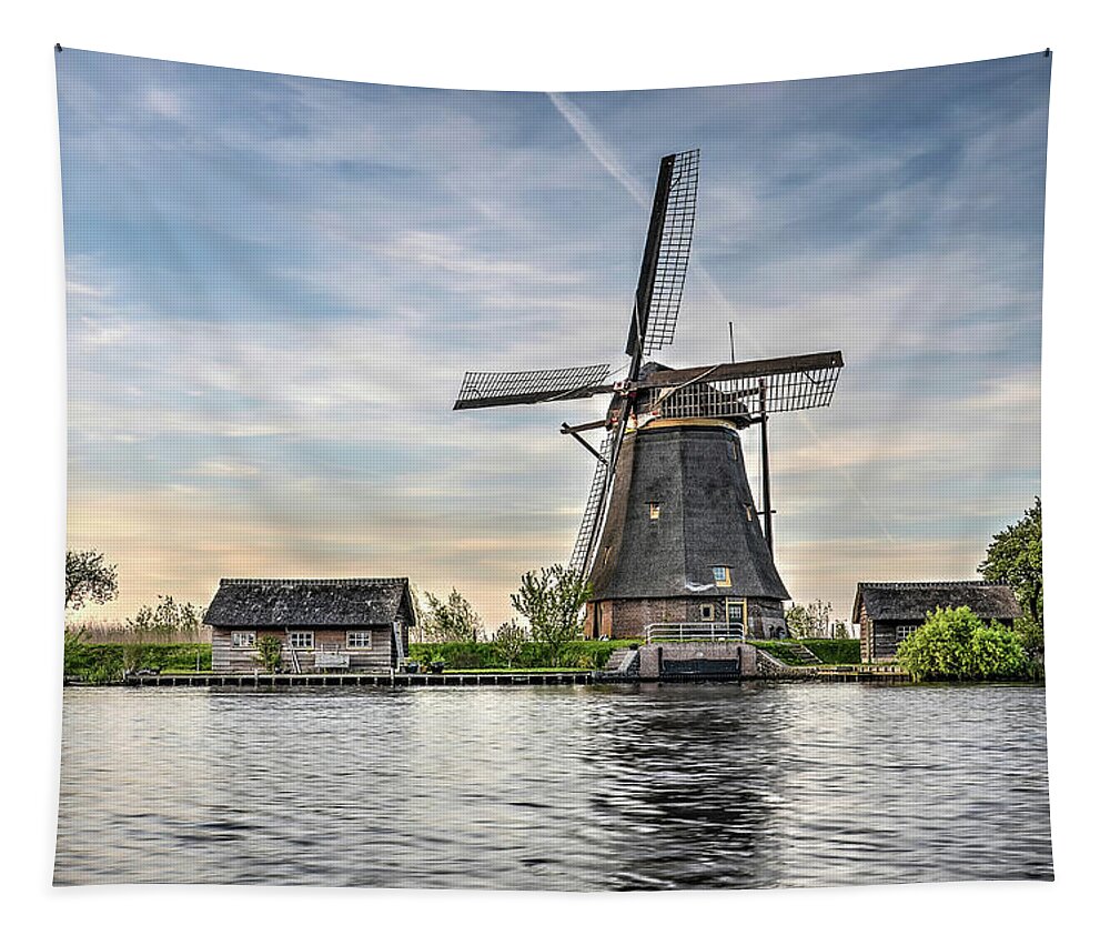Kinderdijk Tapestry featuring the photograph Windmill and Canal in Kinderdijk by Frans Blok