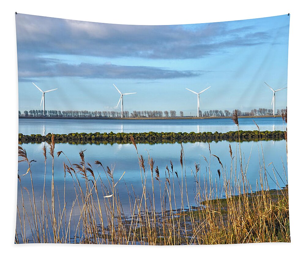Wind Tapestry featuring the photograph Windmills on a Windless Morning by Frans Blok