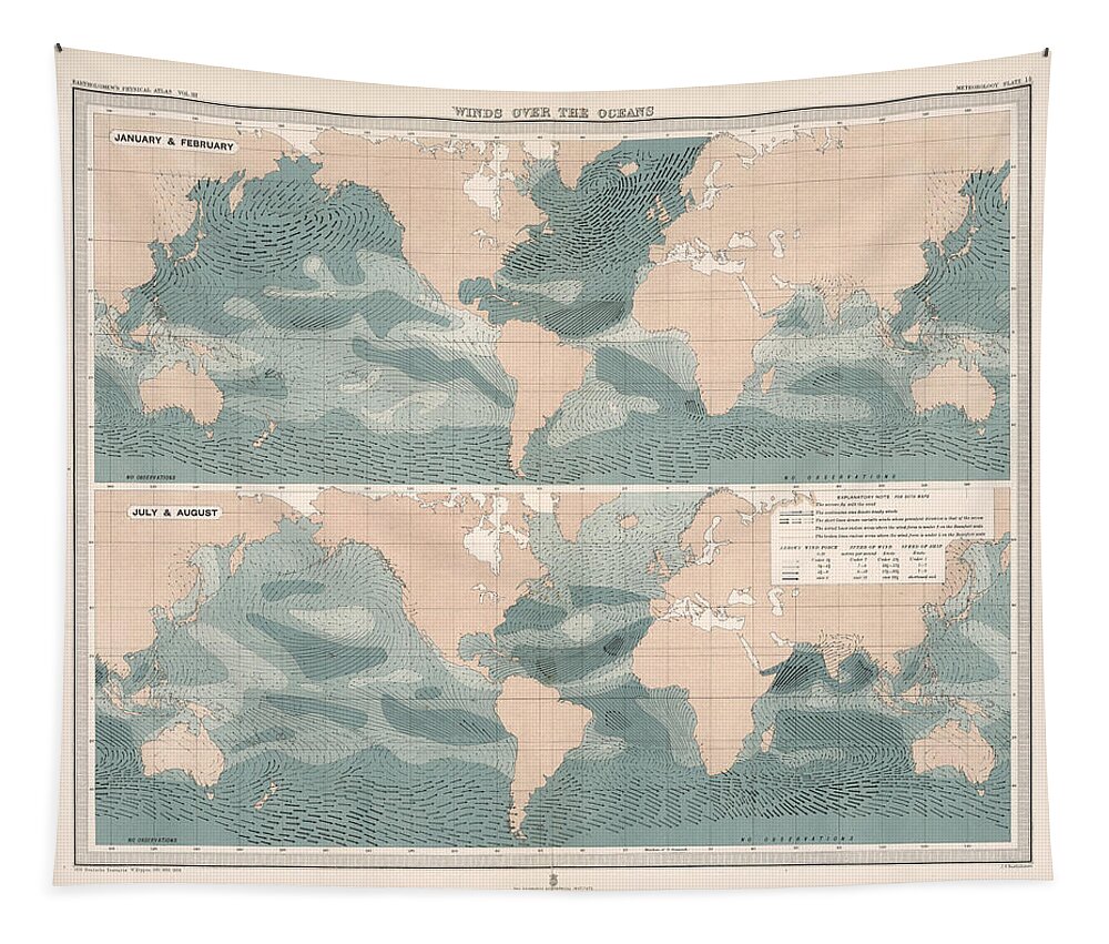 Geological Map Tapestry featuring the drawing Winds over the Oceans - Meteorological Map - Geological Map - Wind Direction and Speed Chart by Studio Grafiikka