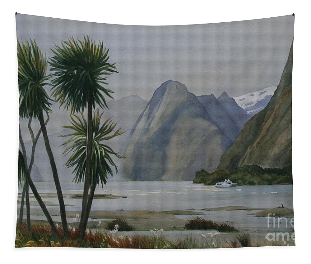 Milford Sound Tapestry featuring the painting Windy Evening Milford Sound by Jan Lawnikanis