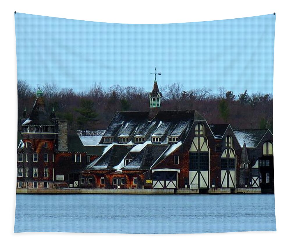 Thousand Islands Tapestry featuring the photograph Snow on Boldt Castle Yacht House by Dennis McCarthy