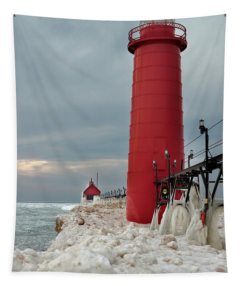 Grand Haven Lighthouse Tapestry featuring the photograph Winter at Grand Haven Lighthouse by Susan Rissi Tregoning