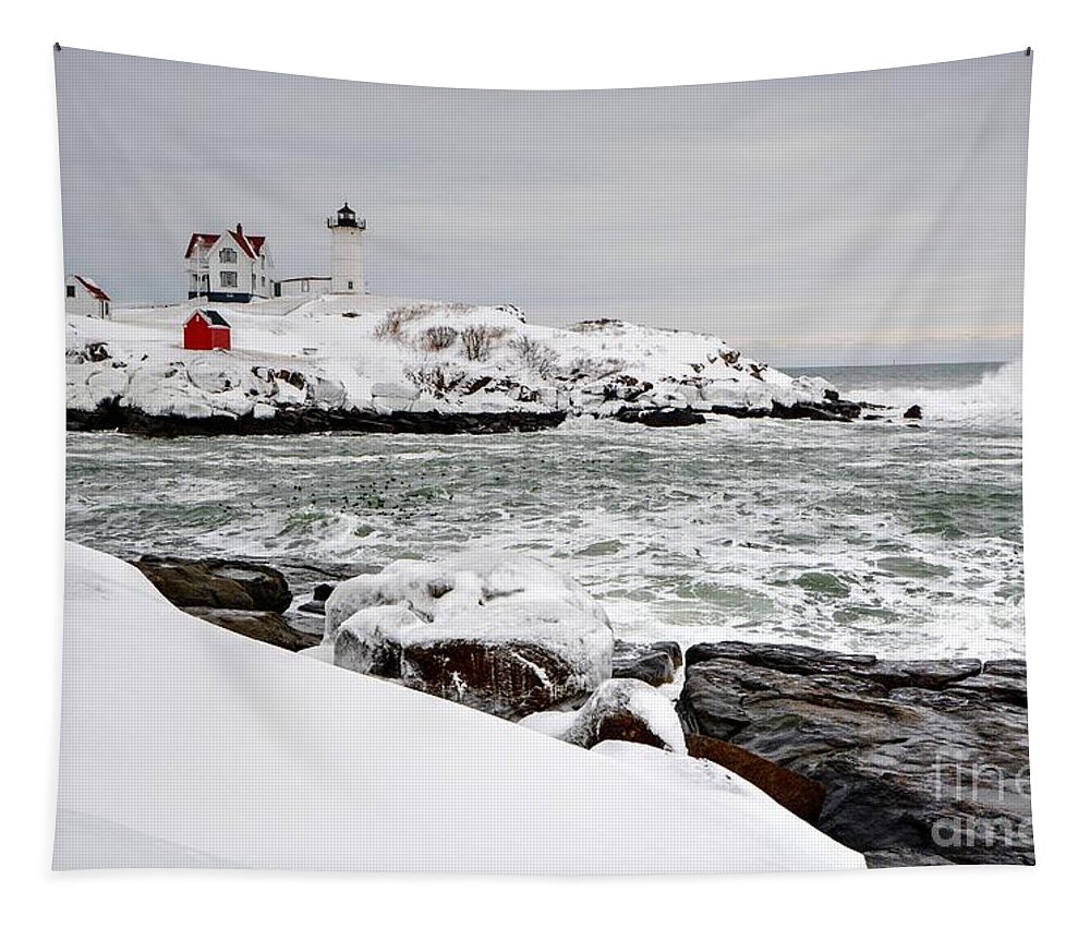 Nubble Lighthouse Tapestry featuring the photograph Winter at the Nubble by Steve Brown