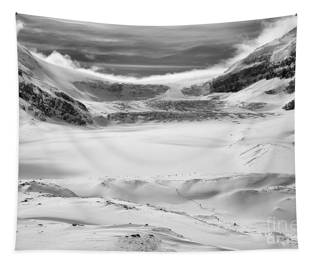 Columbia Icefield Tapestry featuring the photograph WInter Blues Over The Athabasca Glacier Black And White by Adam Jewell
