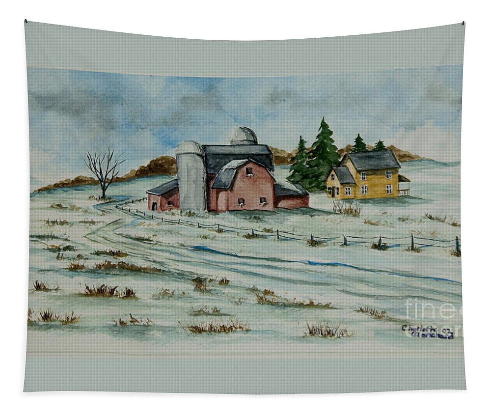 Winter Scene Paintings Tapestry featuring the painting Winter Down On The Farm by Charlotte Blanchard