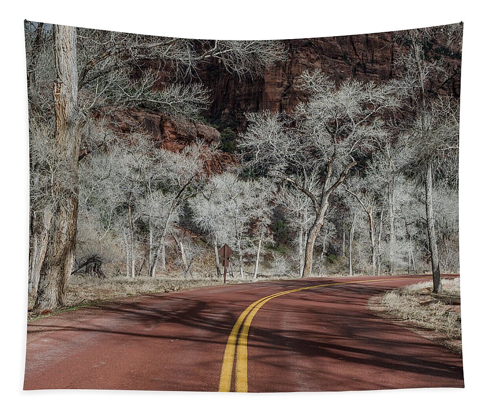 Zion National Park Tapestry featuring the photograph Winter Drive Through Zion Canyon by Greg Nyquist