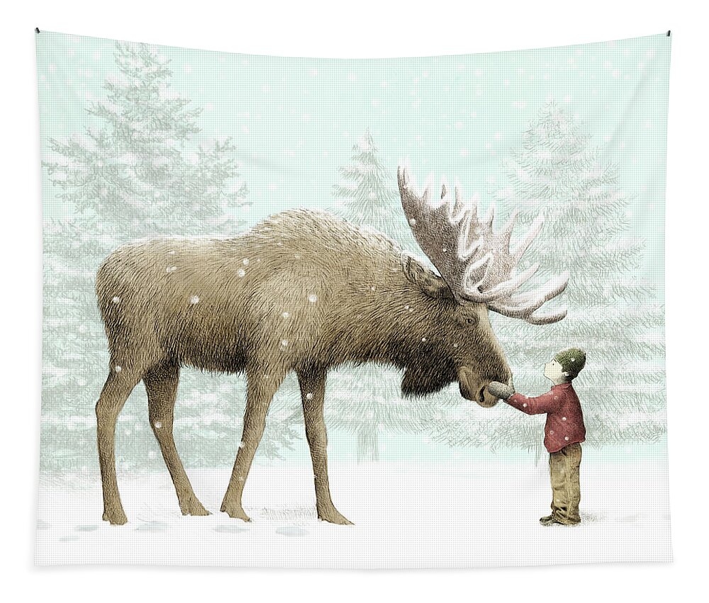 Moose Tapestry featuring the drawing Winter Moose by Eric Fan