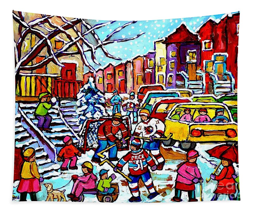 Montreal Tapestry featuring the painting Winter Playground Montreal Hockey Kids Street Hockey Street Scene Painting Carole Spandau by Carole Spandau