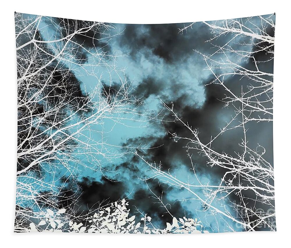 Abstract Landscape Tapestry featuring the photograph Winter sky and trees green black and white by Itsonlythemoon