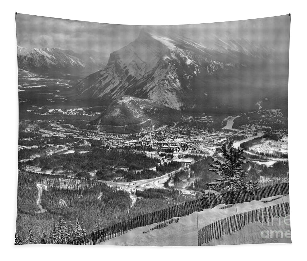 Mt Norquay Tapestry featuring the photograph Winter Views From Mt. Norquay Black And White by Adam Jewell