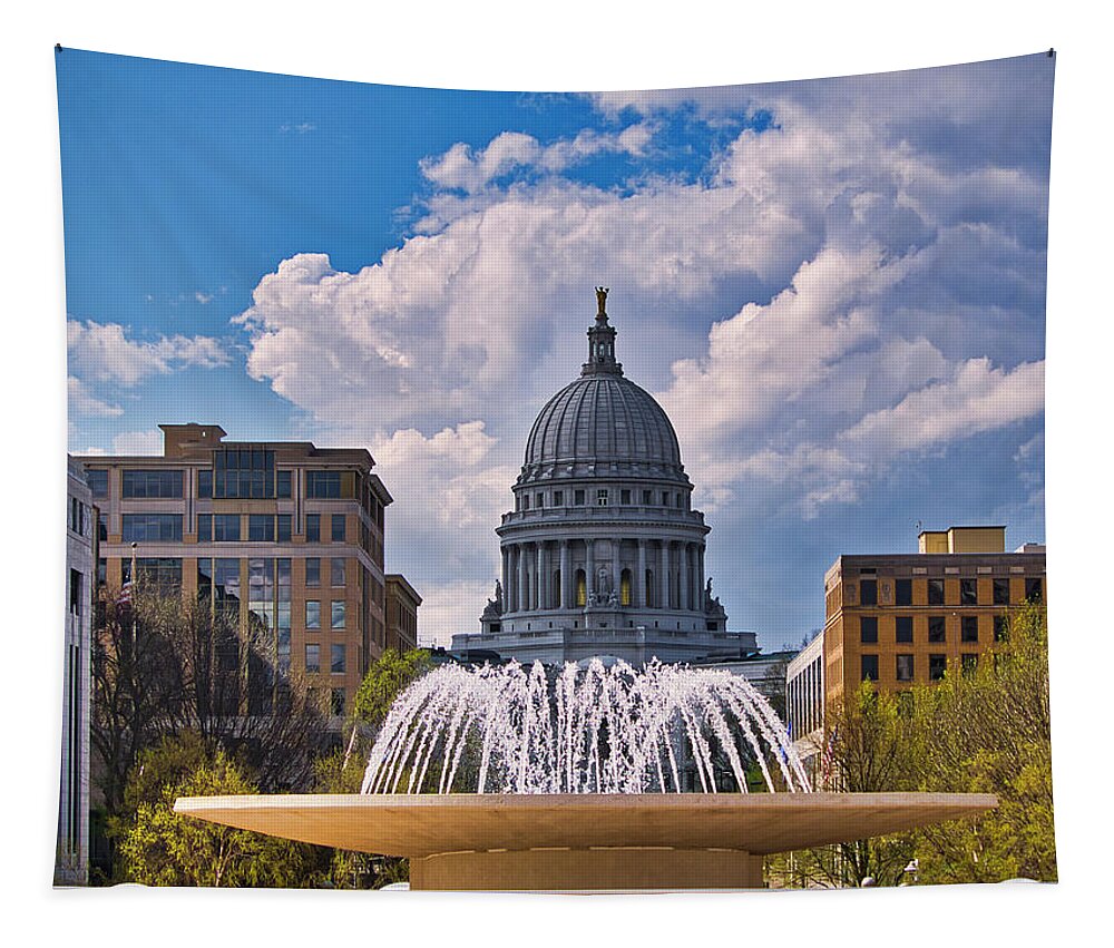 Wi Tapestry featuring the photograph Wisconsin Capitol and Fountain by Steven Ralser