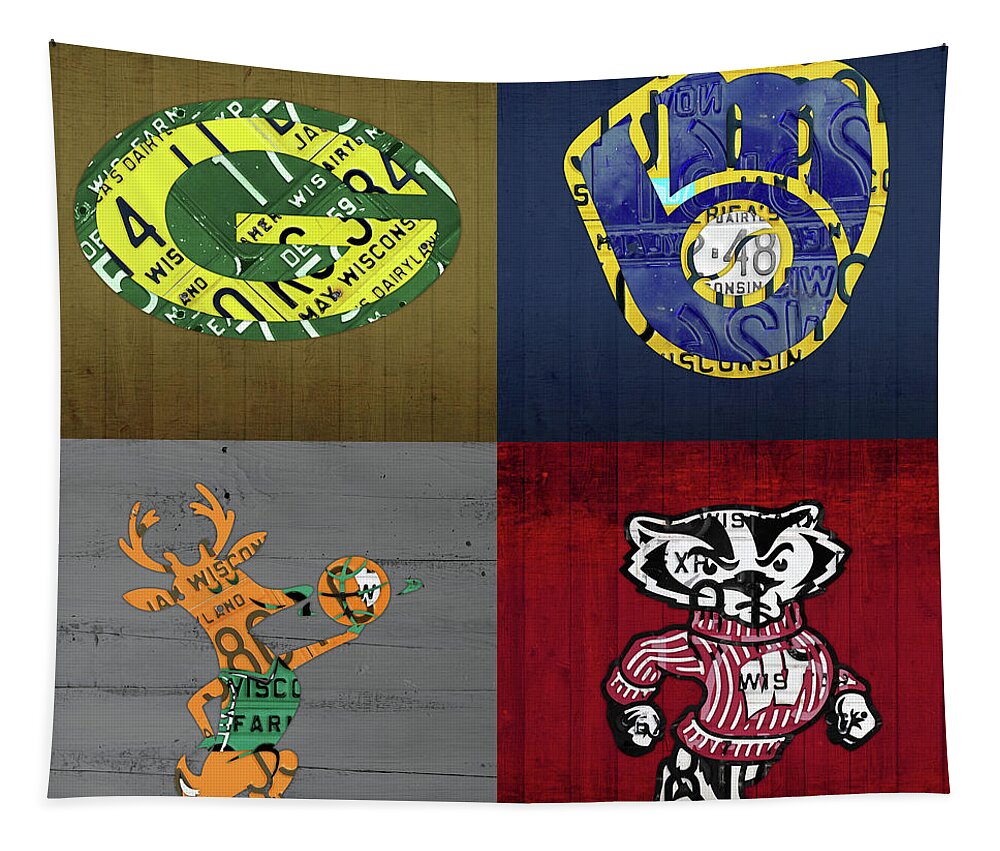 Wisconsin Tapestry featuring the mixed media Wisconsin Sports Collage with Badgers Brewers Bucks License Plate Art V2 by Design Turnpike