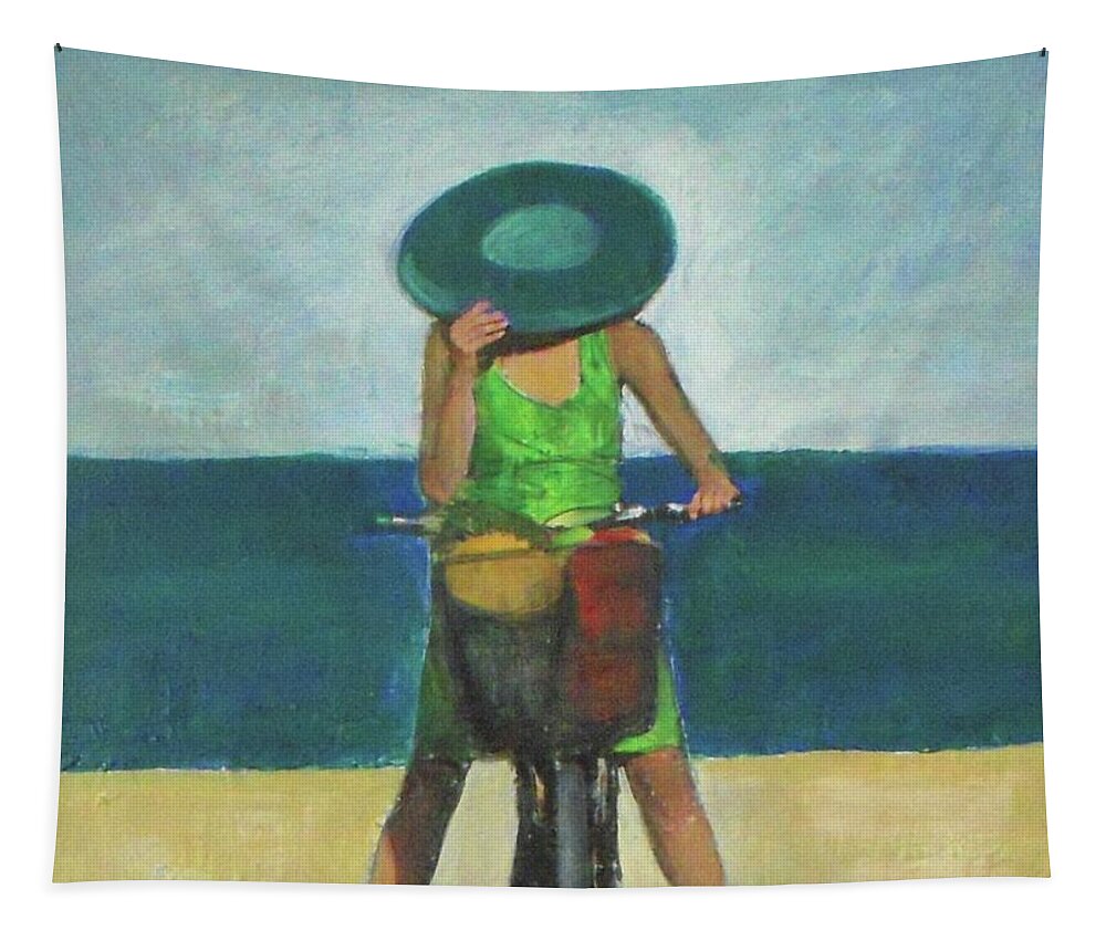 Bicycle Tapestry featuring the painting With Bike on the Beach by Vesna Antic