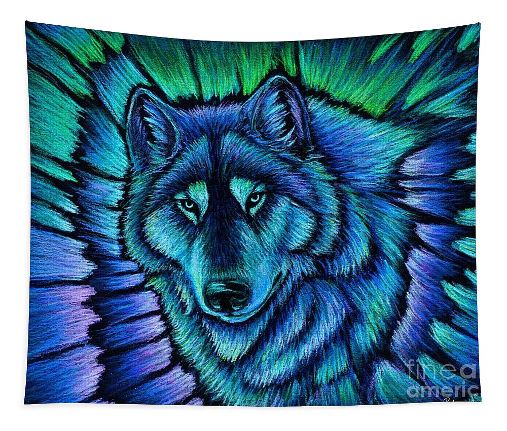 Wolf Tapestry featuring the pastel Wolf Aurora by Rebecca Wang
