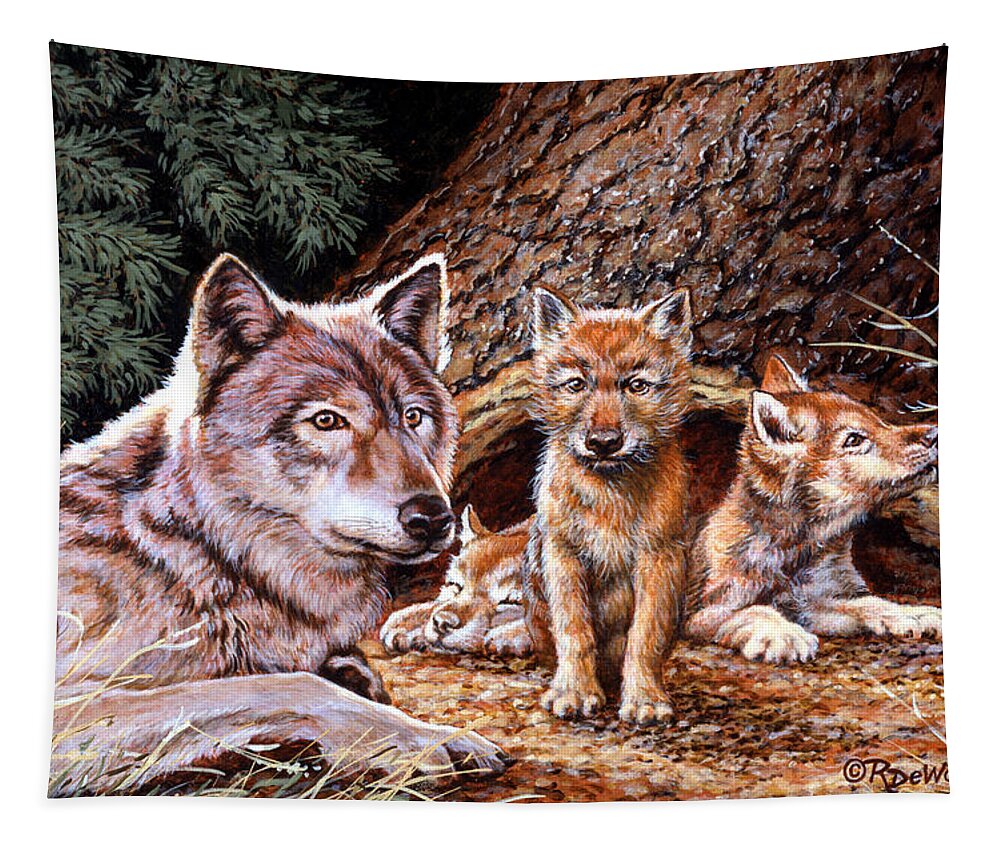 Wolf Tapestry featuring the painting Wolf Den by Richard De Wolfe