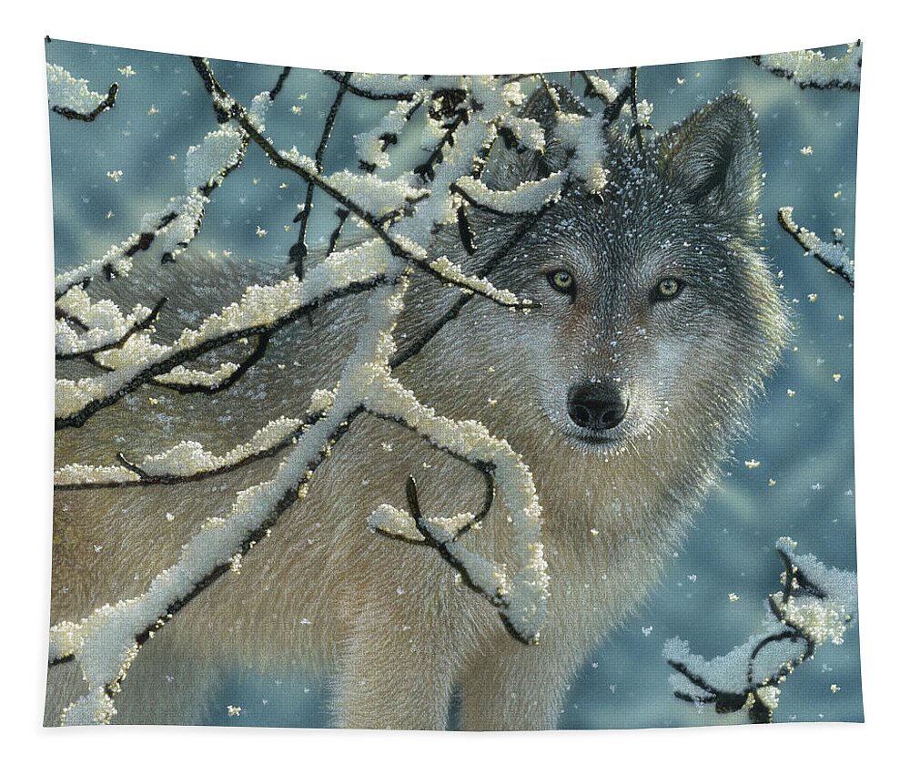 Wolf Art Tapestry featuring the painting Wolf in Snow - Broken Silence by Collin Bogle