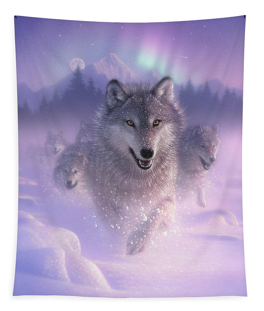 Wolf Art Tapestry featuring the painting Wolf Pack Running - Northern Lights by Collin Bogle