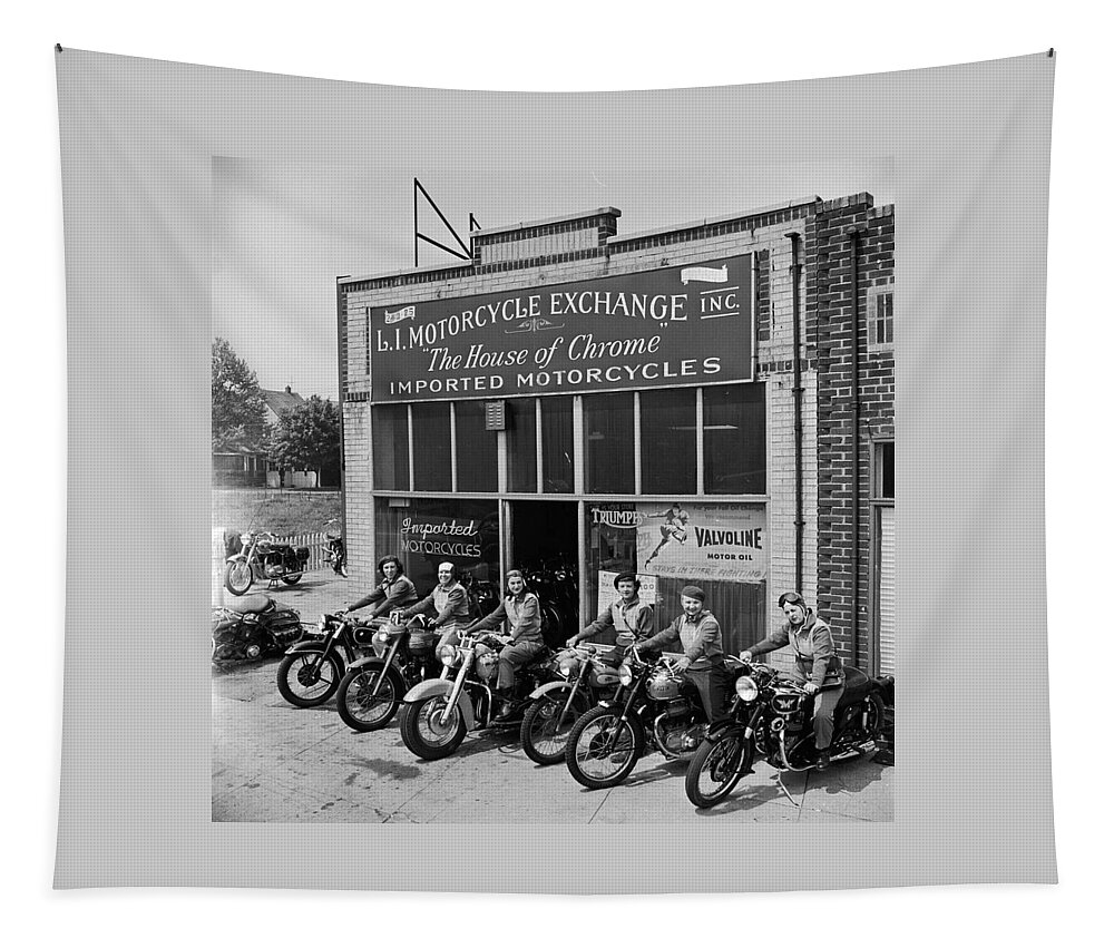 The Motor Maids Of America Outside The Shop They Used As Their Headquarters Tapestry featuring the photograph The Motor Maids of America outside the shop they used as their headquarters, 1950. by Lawrence Christopher