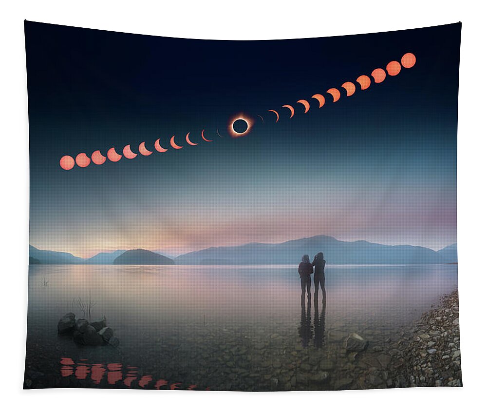 2017 Tapestry featuring the photograph Woman and girl standing in lake watching solar eclipse by William Lee