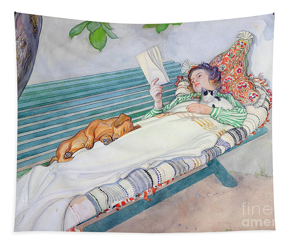 Woman Tapestry featuring the painting Woman Lying on a Bench by Carl Larsson