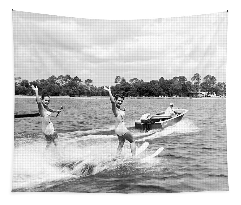 1950s Tapestry featuring the photograph Women Water Skiers Waving by Underwood Archives