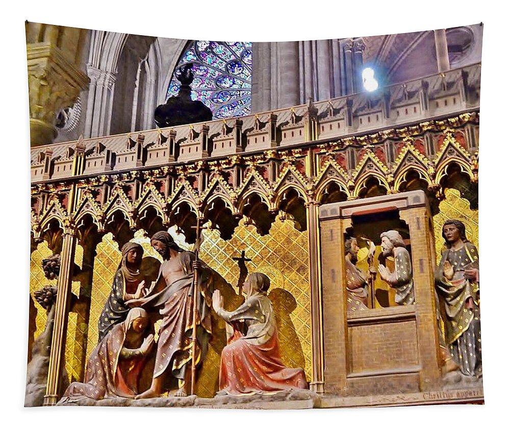 Notre Dame Cathedral Tapestry featuring the photograph Wood Carvings at the Notre Dame Cathedral Paris France by Kim Bemis