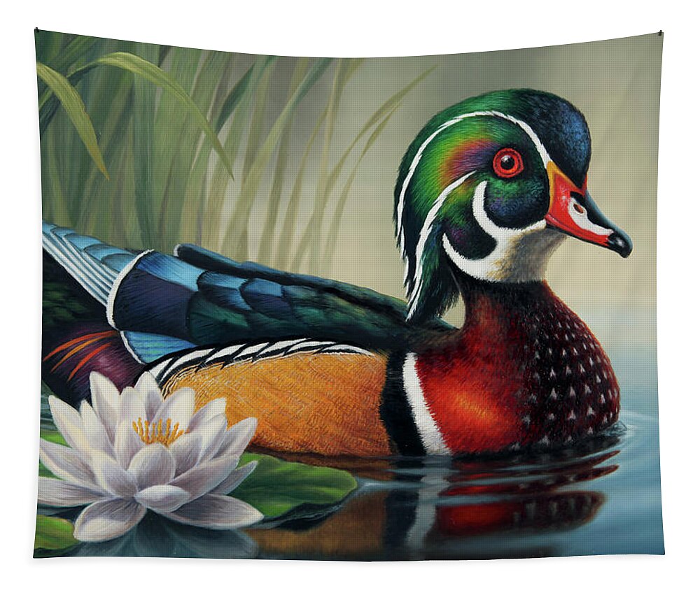 Duck Tapestry featuring the painting Wood Duck and Lily Pad by Guy Crittenden