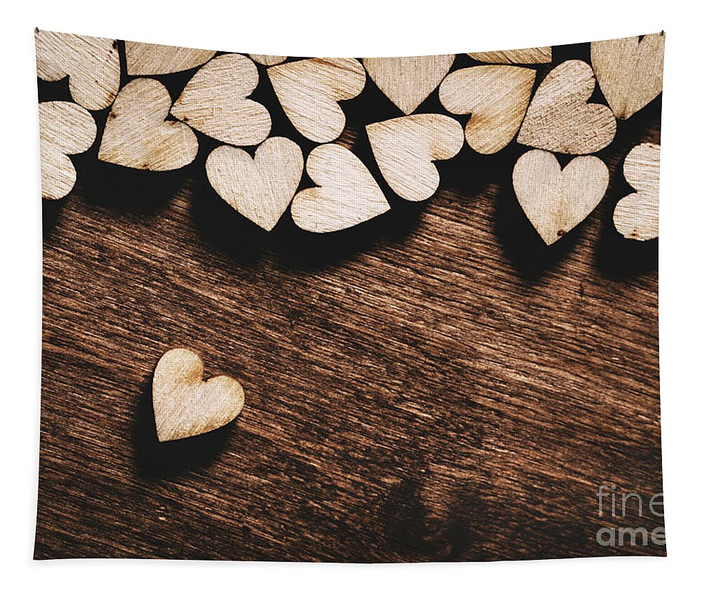 Love Tapestry featuring the photograph Wooden hearts on dark wooden background by Michal Bednarek