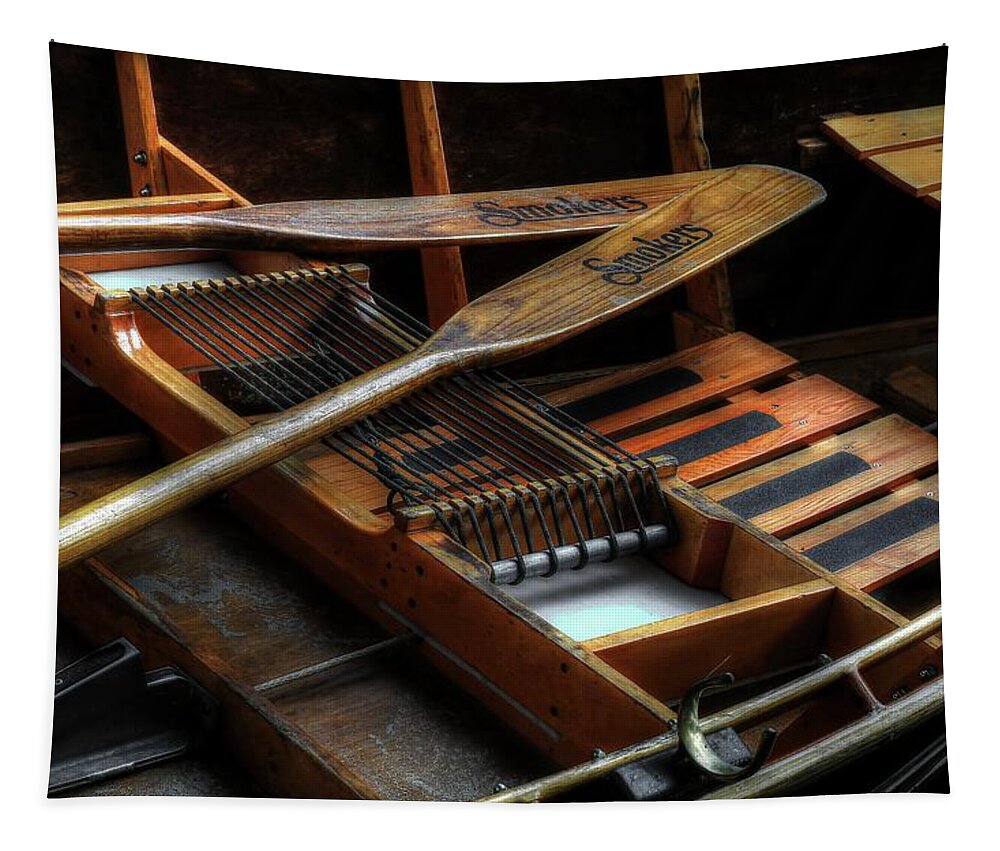 Wooden Rowboat Tapestry featuring the photograph Wooden Rowboat And Oars by Carol Montoya