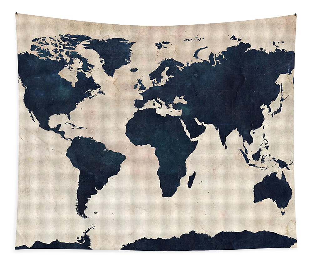 Map Of The World Tapestry featuring the digital art World Map Distressed Navy by Michael Tompsett