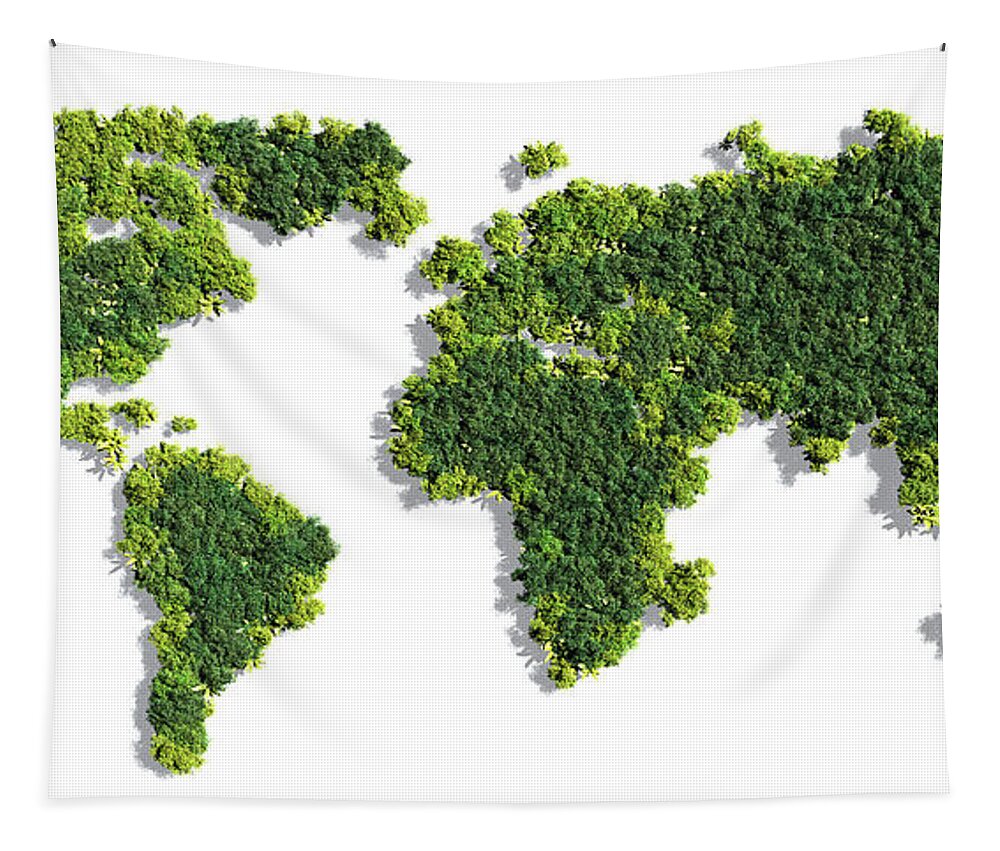 World Tapestry featuring the photograph World Map made of green trees by Johan Swanepoel