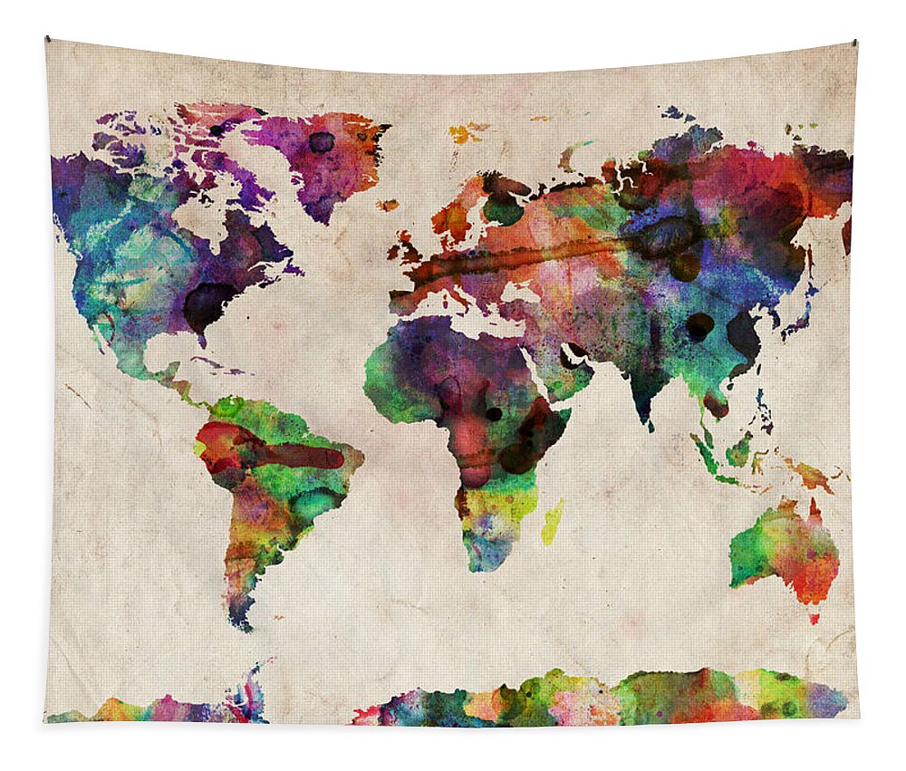 Map Tapestry featuring the digital art World Map Watercolor by Michael Tompsett