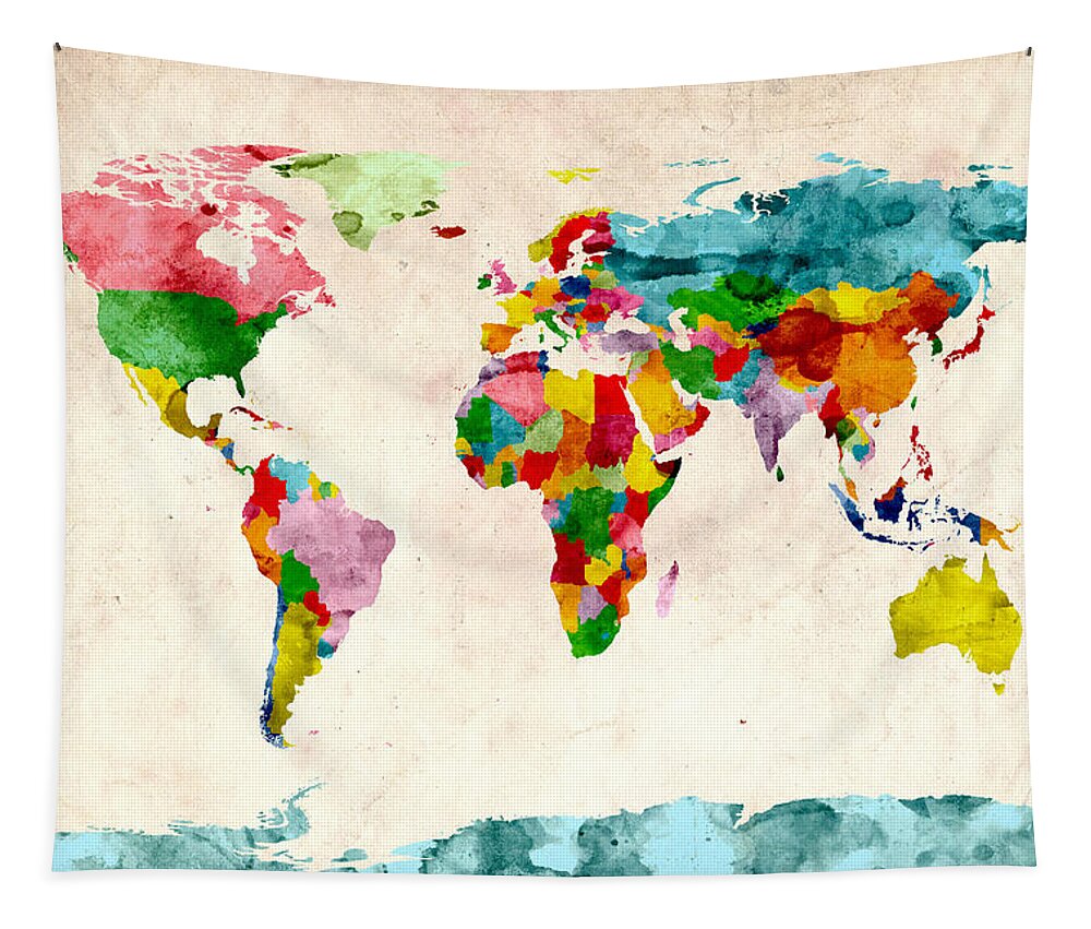 World Map Tapestry featuring the digital art World Map Watercolors by Michael Tompsett
