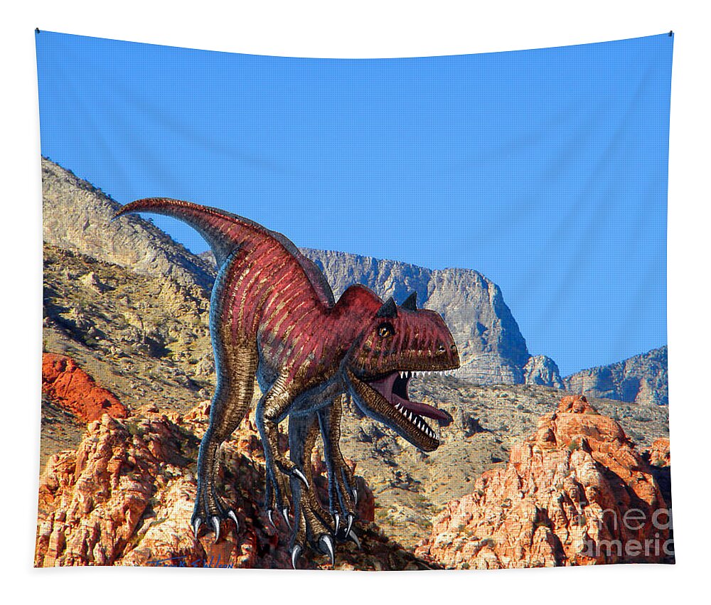 Dinosaur Art Tapestry featuring the mixed media Xuanhanosarus In The Desert by Frank Wilson