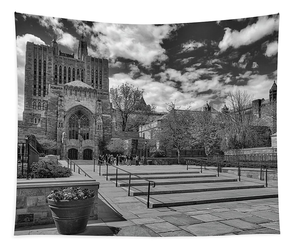 Yale University Tapestry featuring the photograph Yale University Sterling Library II BW by Susan Candelario