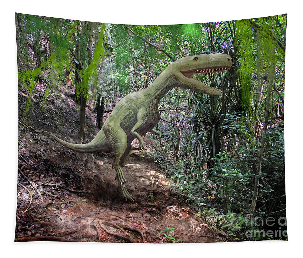 Dinosaur Art Tapestry featuring the mixed media Yangchuanosaurus In Jungle by Frank Wilson