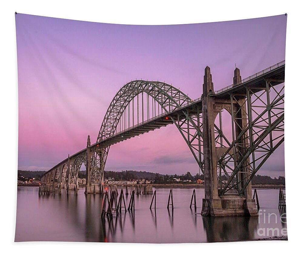 Oregon Tapestry featuring the photograph Yaquina Bay bridge in blue light by Paul Quinn