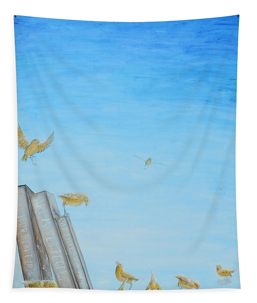 Canaries Tapestry featuring the painting Yellow Birds in the Blue3 by Nik Helbig