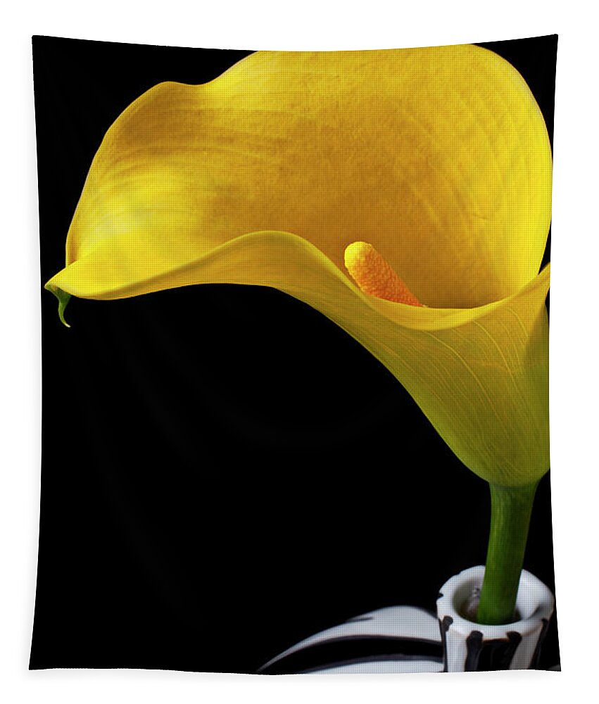 Yellow Calla Lily Black White Vase Tapestry featuring the photograph Yellow calla lily in black and white vase by Garry Gay