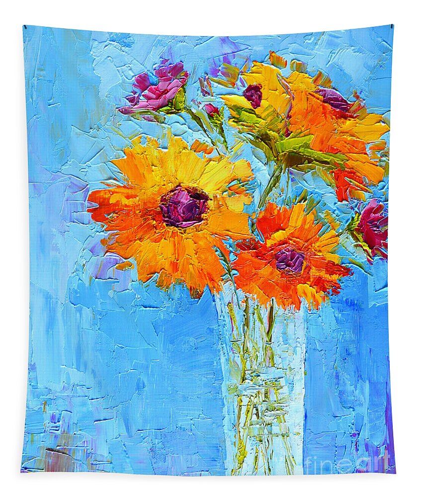 Yellow Daisies Flowers - Peonies In A Vase - Modern Impressionist Knife Palette Oil Painting Flower Arrangement Tapestry featuring the painting Yellow Daisies Flowers - Peonies in a Vase - Modern Impressionist Knife Palette Oil Painting by Patricia Awapara